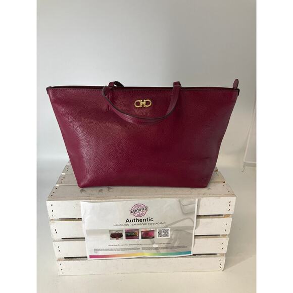 SALVATORE FERRAGAMO LARGE WINE PEBBLED LEATHER HANDBAG ASIS - Picture 1 of 16